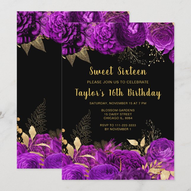 Invitation Elegant Purple and Gold Flowers Sweet Sixteen (Devant / Derrière)