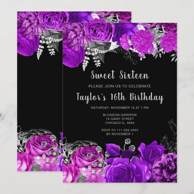 Invitation Elegant Purple and Silver Flowers Sweet Sixteen (Devant / Derrière)