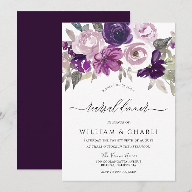 Invitation Elégant Purple Aquarelle Florale Dîner de répétiti (Devant / Derrière)