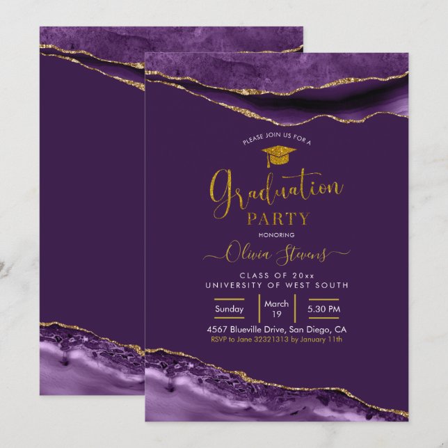 Invitation Élégant Purple et Gold Agate Party (Devant / Derrière)