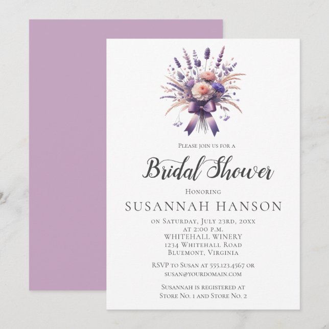 Invitation Elegant Purple Floral Bouquet Bridal Shower | (Devant / Derrière)