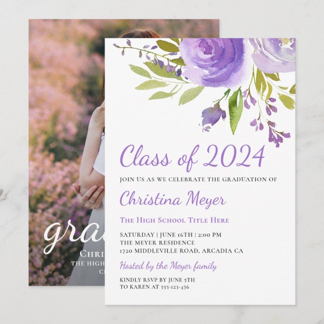 Invitation Élégant Purple Floral Graduation Party Photo (Devant / Derrière)
