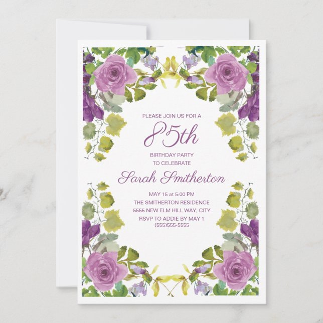 Invitation Élégant Purple Floral Green Vines 85e anniversaire (Devant)