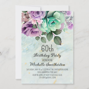 Invitation Élégant Purple Floral Mint Green 60e anniversaire