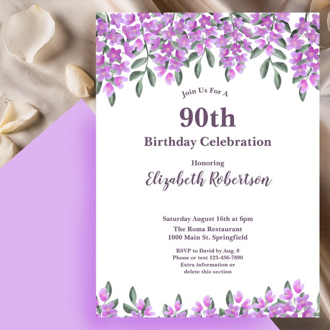 Invitation Elegant Purple Flowers Women's 90th Birthday  (Créateur téléchargé)