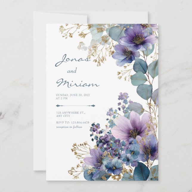 Invitation Elegant Purple Gold Glitter Floral Eucalyptus (Devant)