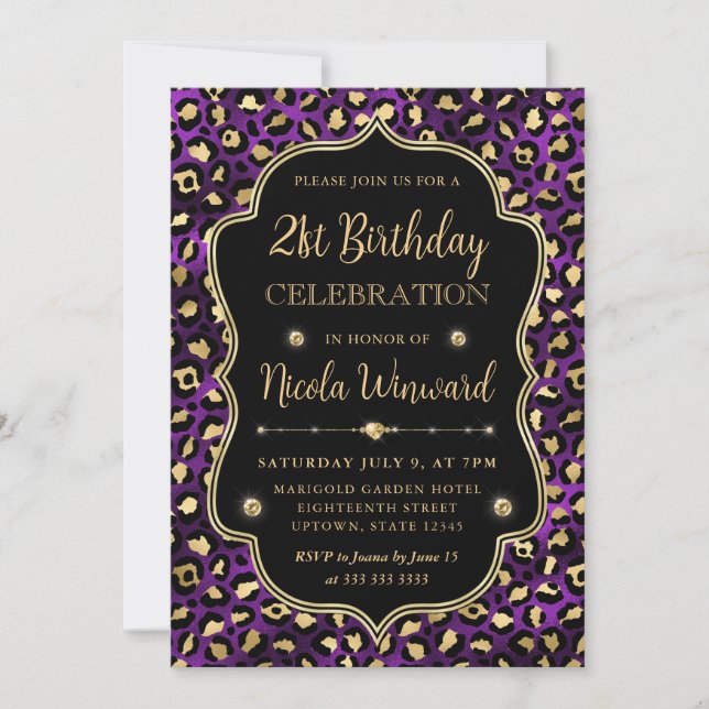 Invitation Elegant Purple Gold Leopard Print Birthday (Devant)