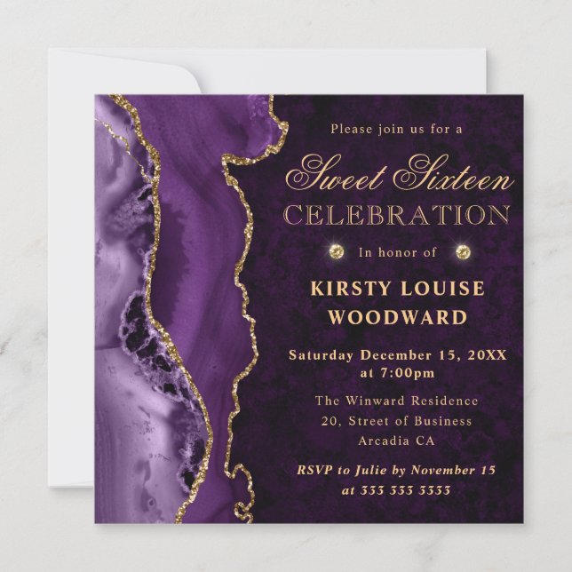 Invitation Élégant Purple Gold Parties scintillant Agate Swee (Devant)