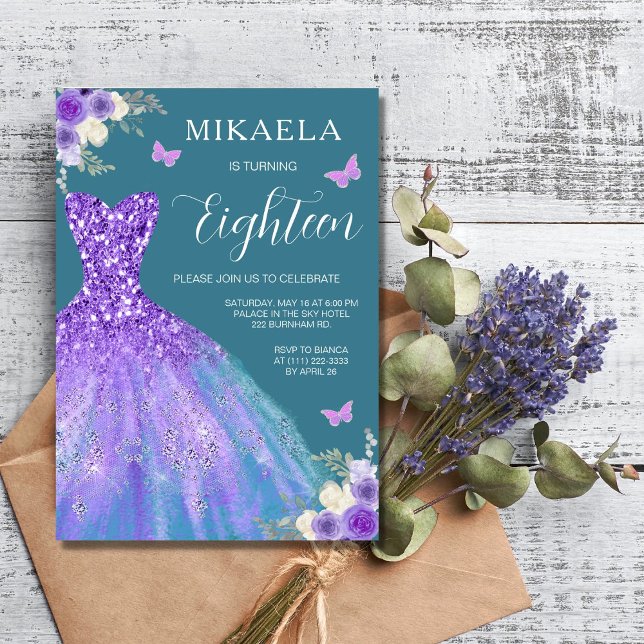 Invitation Elégant Purple Gown Floral 18e anniversaire (Créateur téléchargé)