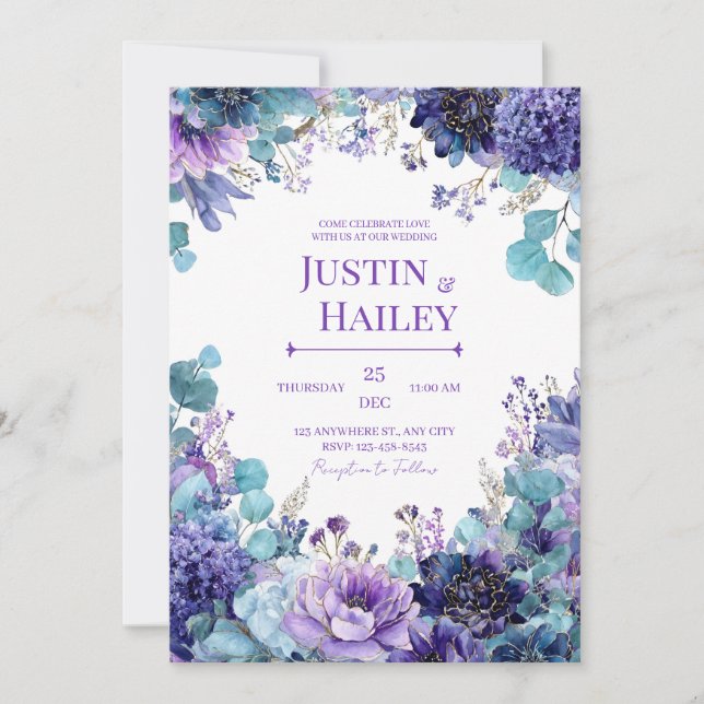 Invitation Elegant Purple Indigo Gold Floral Watercolor (Devant)