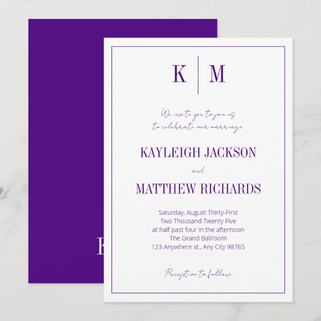 Invitation Elegant Purple Monogram Wedding  (Devant / Derrière)
