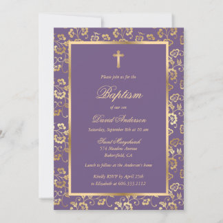 Invitation Élégant Purple Or Floral Boy Baptême