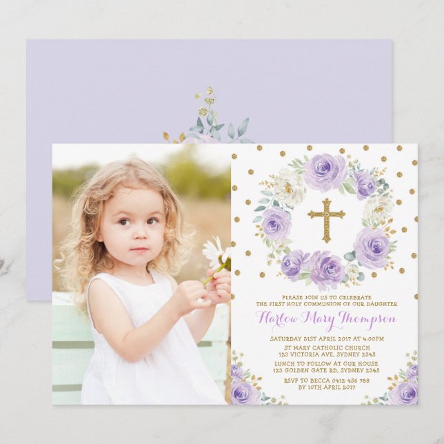 Invitation Élégant Purple Or Floral Première Communion Baptêm (Devant / Derrière)