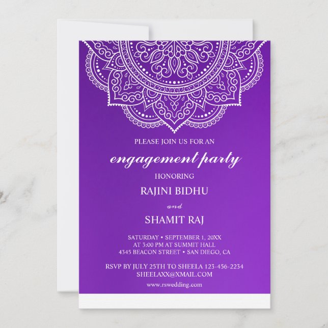 Invitation Élégant Purple Paisley Indian Engagement Party (Devant)