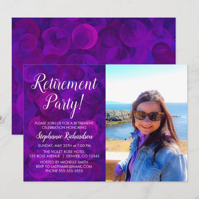 Invitation Élégant Purple Photo Parti de retraite (Devant / Derrière)