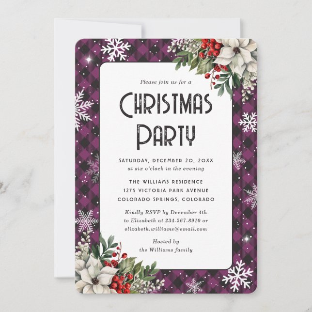 Invitation Elegant Purple Plaid Botanical Christmas Party (Devant)