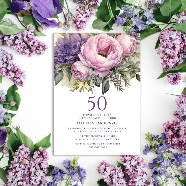 Invitation Élégant Purple Rose Floral 50e anniversaire (Purple peonies 50th birthday party invitation for women
)