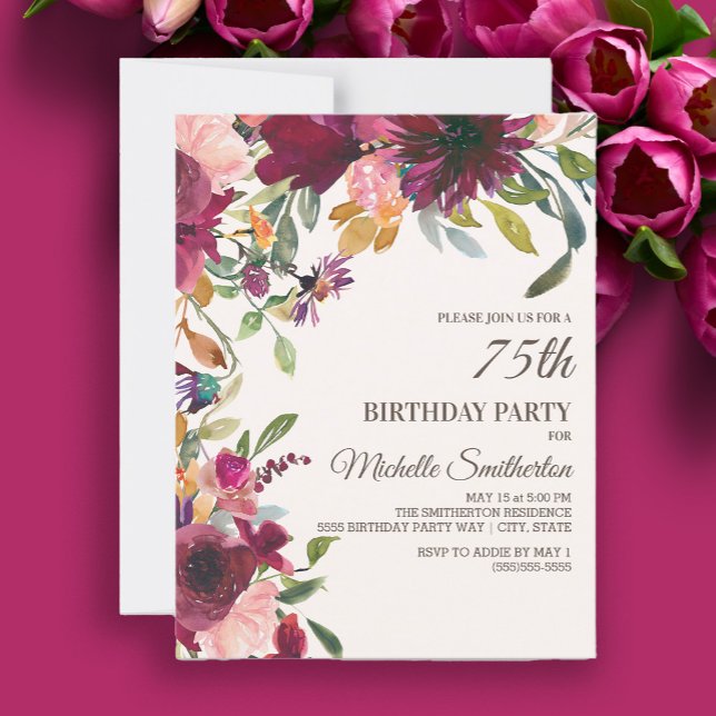 Invitation Élégant Purple Rose Gold Floral 75E Anniversaire (Burgundy and pink floral 75th birthday party invitation)