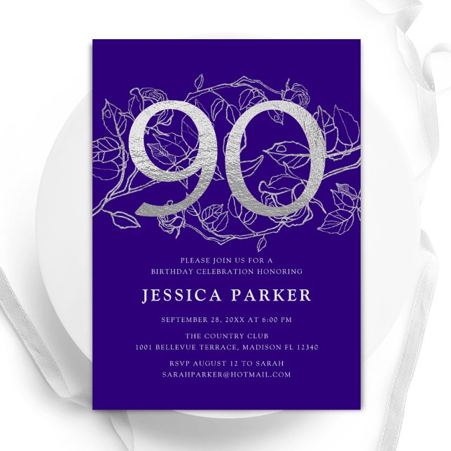 Invitation Elégant Purple Silver 90e anniversaire (Créateur téléchargé)
