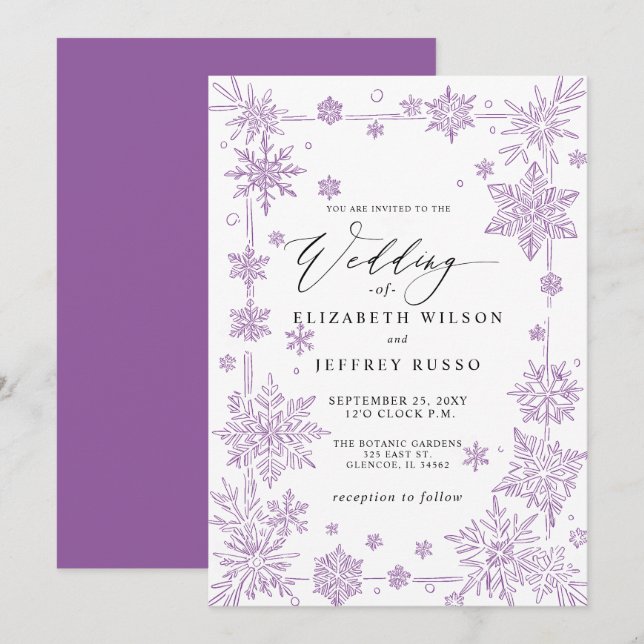 Invitation Elegant Purple snowflakes Winter Wedding (Devant / Derrière)
