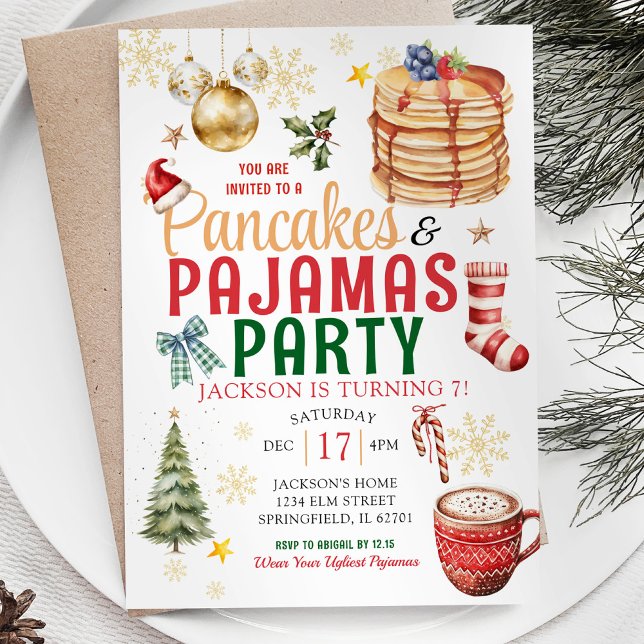 Invitation Elégant Pyjamas de crêpes de Noël blanc Anniversai (Créateur téléchargé)