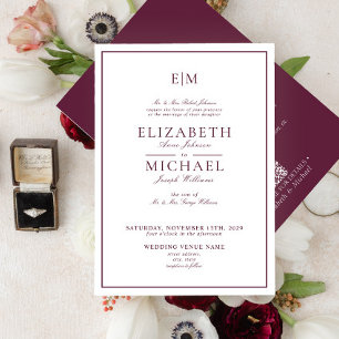 Invitation Élégant QR Code Burgundy Classic Monogram Mariage