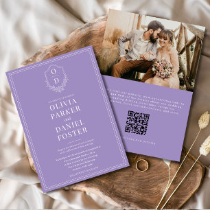 Invitation Élégant QR Code Crest Lilac Purple Photo Mariage