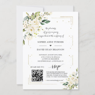 Invitation Elégant QR Code Fleurs blanches Mariage or