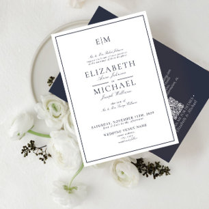 Invitation Elégant QR Code Marine Bleu Classic Monogramme Mar