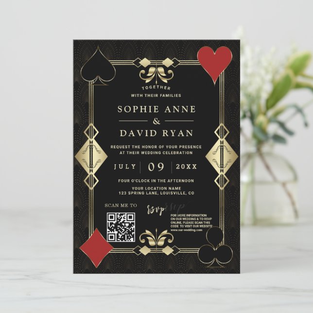 Invitation Elégant QR Code Roaring 20s Gold Art Déco Mariage (Debout devant)
