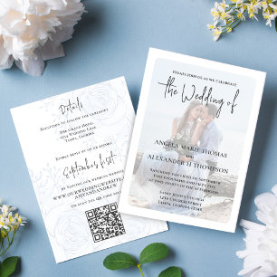 Invitation Elégant QR Code RSVP Photo Bleu Floral Simple