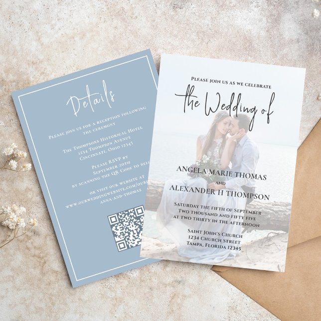 Invitation Elégant QR Code RSVP Photo Simple Dusty Blue (Elegant photo wedding invitation with QR code RSVP and details. )