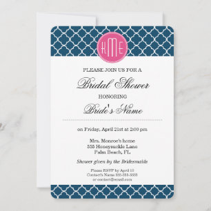 Invitation Élégant Quatrefoil bleu de la marine avec monogram