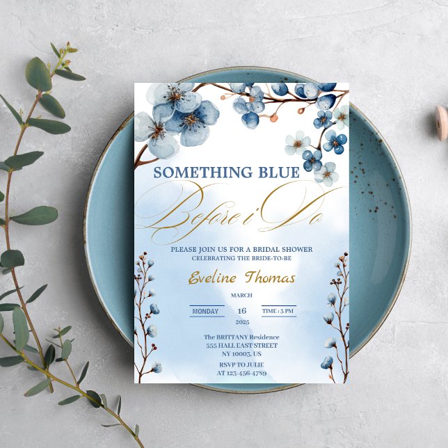 Invitation Élégant quelque chose de bleu avant de faire Fête  (Elegant Something Blue Before I Do Bridal Shower watercolor navy blue gold chic elegant her bride )