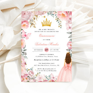 Invitation Elégant Quinceanera Floral Rose Pâle Or