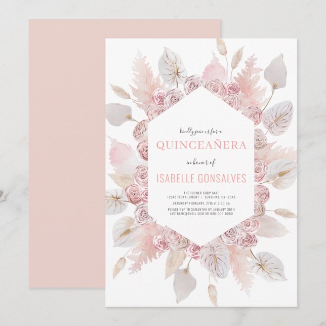 Invitation Elégant QUINCEAÑERA Moderne Boho Aquarelle Blush (Devant / Derrière)