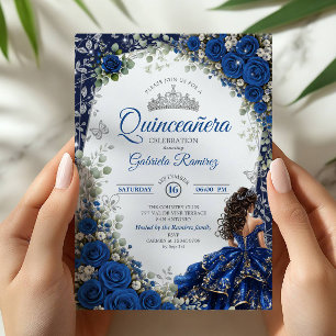 Invitation Élégant Quinceañera Roses Bleu Royal et Argent