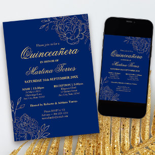 Invitation Élégant Quinceanera Royal Bleu Or Esquisse Florale