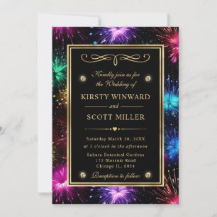 Invitation Elégant Rainbow Fireworks Gold Frame Mariage