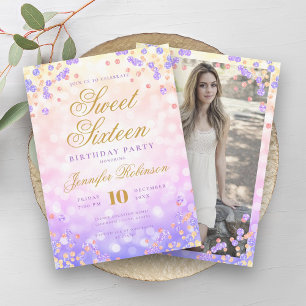 Invitation Elégant Rainbow Lights & Confetti Photo Sweet 16