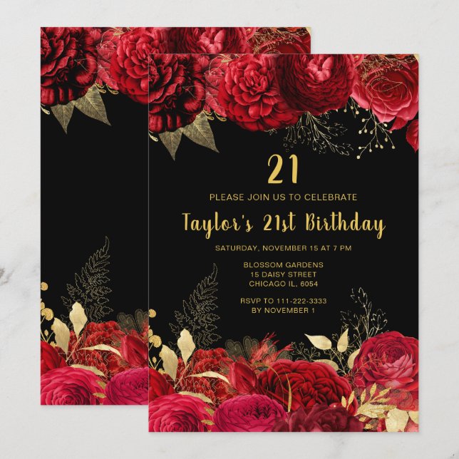 Invitation Elegant Red and Gold Flowers Birthday Party (Devant / Derrière)