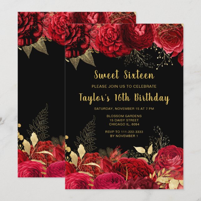 Invitation Elegant Red and Gold Flowers Sweet Sixteen (Devant / Derrière)