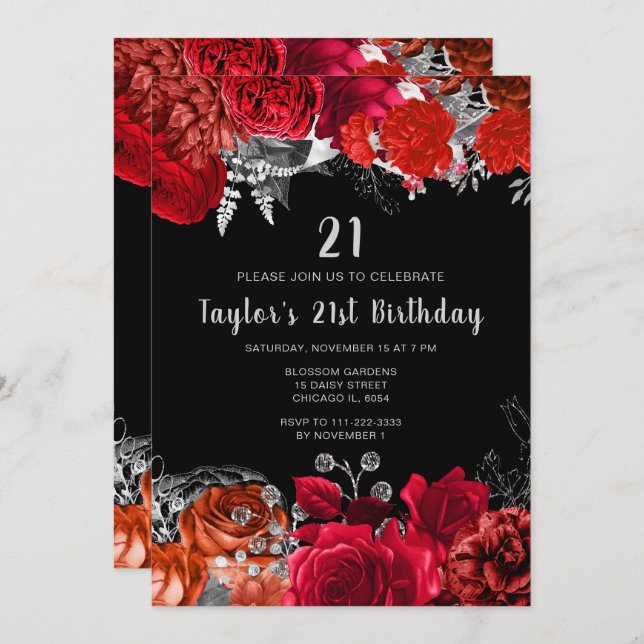 Invitation Elegant Red and Silver Flowers Birthday Party (Devant / Derrière)