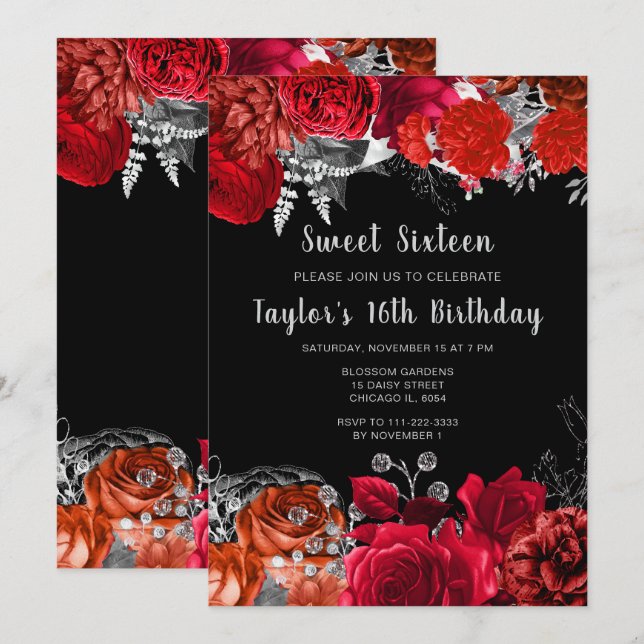 Invitation Elegant Red and Silver Flowers Sweet Sixteen (Devant / Derrière)