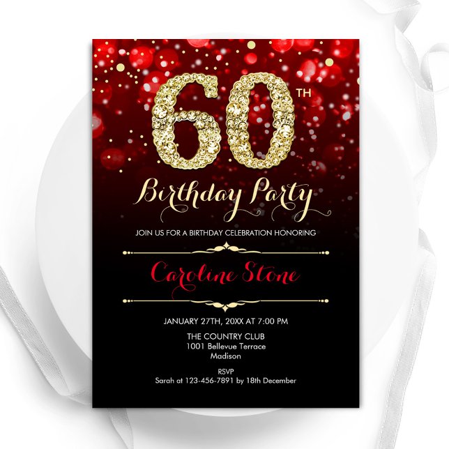 Invitation Elégant Red Black Gold 60e anniversaire (Créateur téléchargé)