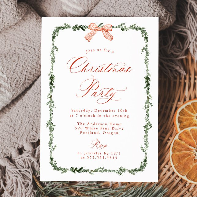 Invitation Elegant Red Bow Greenery Garland Christmas Party (Créateur téléchargé)