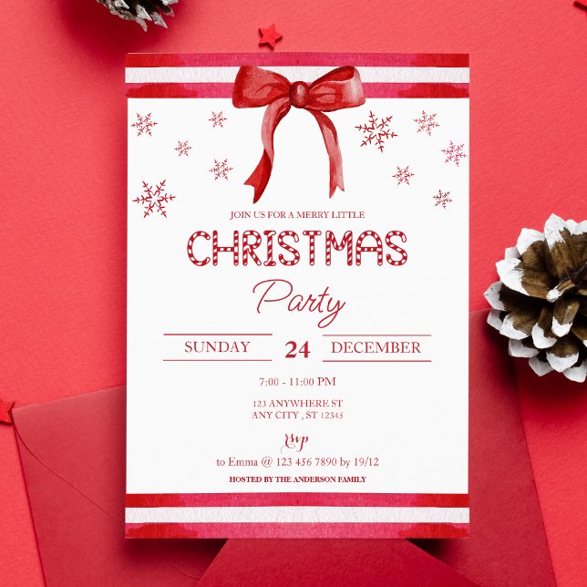 Invitation Élégant Red Bow Snowflakes Noël (Front)