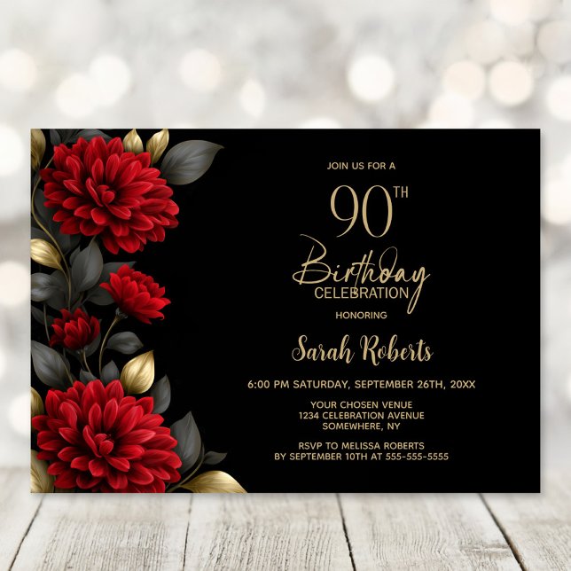 Invitation Elegant Red Floral Black 90th Birthday Party (Créateur téléchargé)