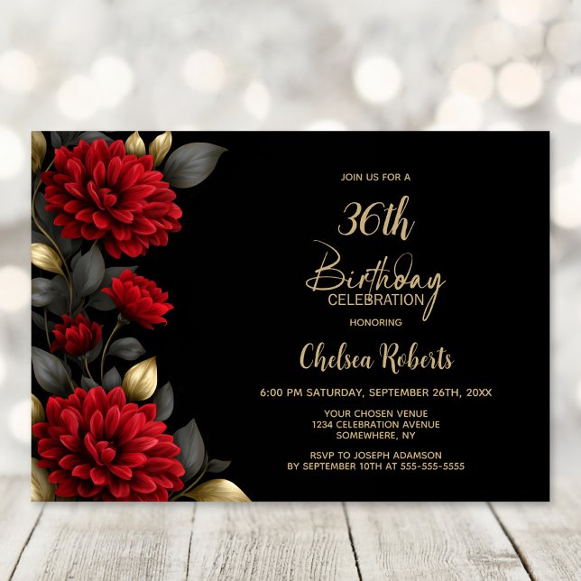 Invitation Elegant Red Floral Black Birthday Party (Créateur téléchargé)