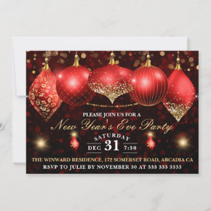 Invitation Elégant Red & Gold Baubles Réveillon du Nouvel An